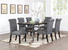 Classic Dining Room Furniture Natural Wooden Rectangle Top Dining Table 6x Side Chairs Charcoal Fabric Tufted Toll Back Top Back Chair and Storage She