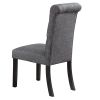 Classic Dining Room Furniture Natural Wooden Rectangle Top Dining Table 6x Side Chairs Charcoal Fabric Tufted Toll Back Top Back Chair and Storage She