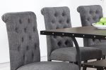 Classic Dining Room Furniture Natural Wooden Rectangle Top Dining Table 6x Side Chairs Charcoal Fabric Tufted Toll Back Top Back Chair and Storage She